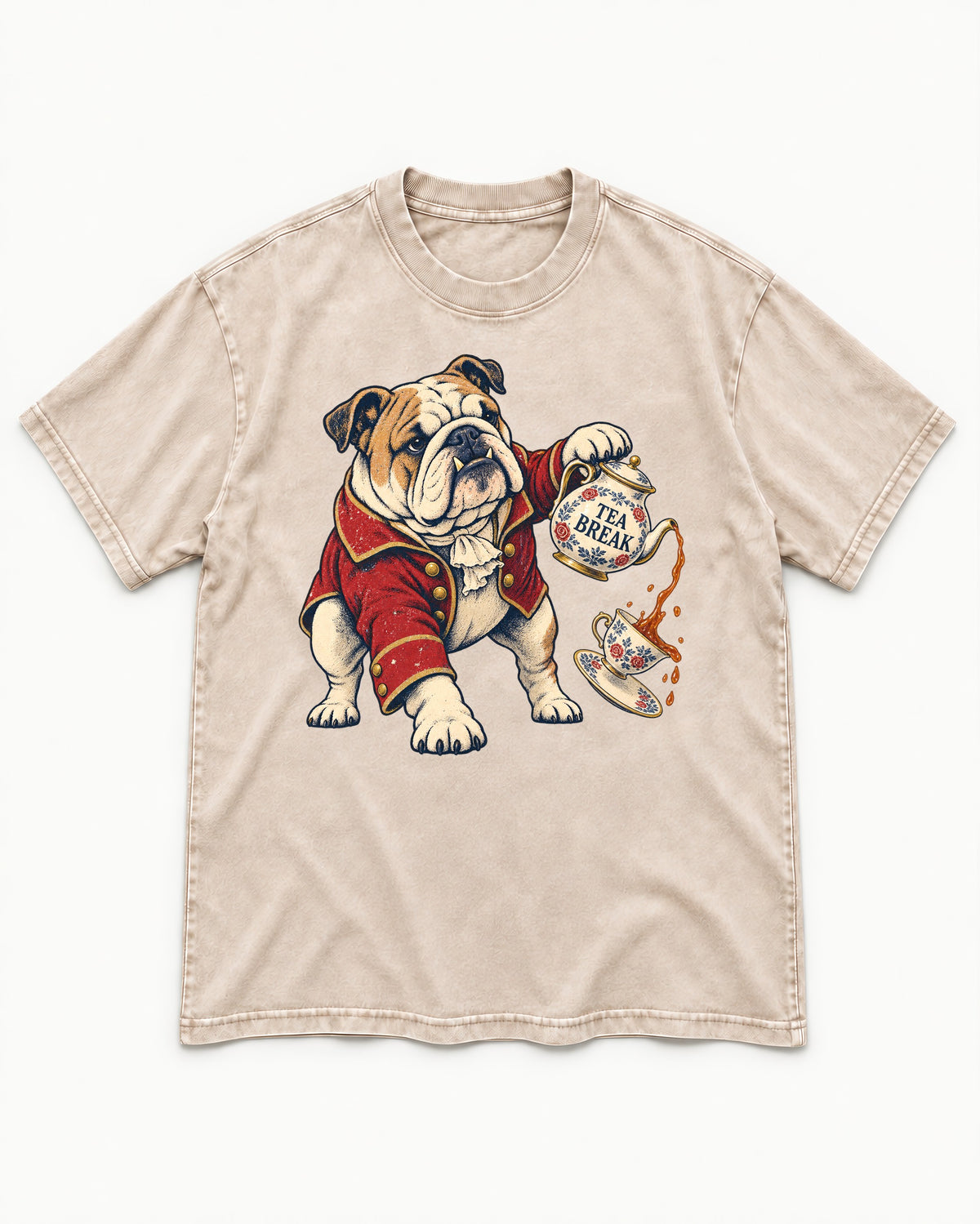 English Bulldog Tea Break Washed Tee in Apricot, flat lay product photo