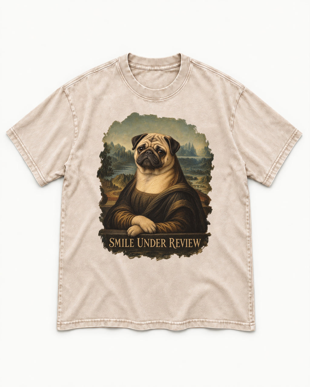 Pug Smile Under Review Mona Lisa Graphic Washed Tee in Apricot, flat lay product photo