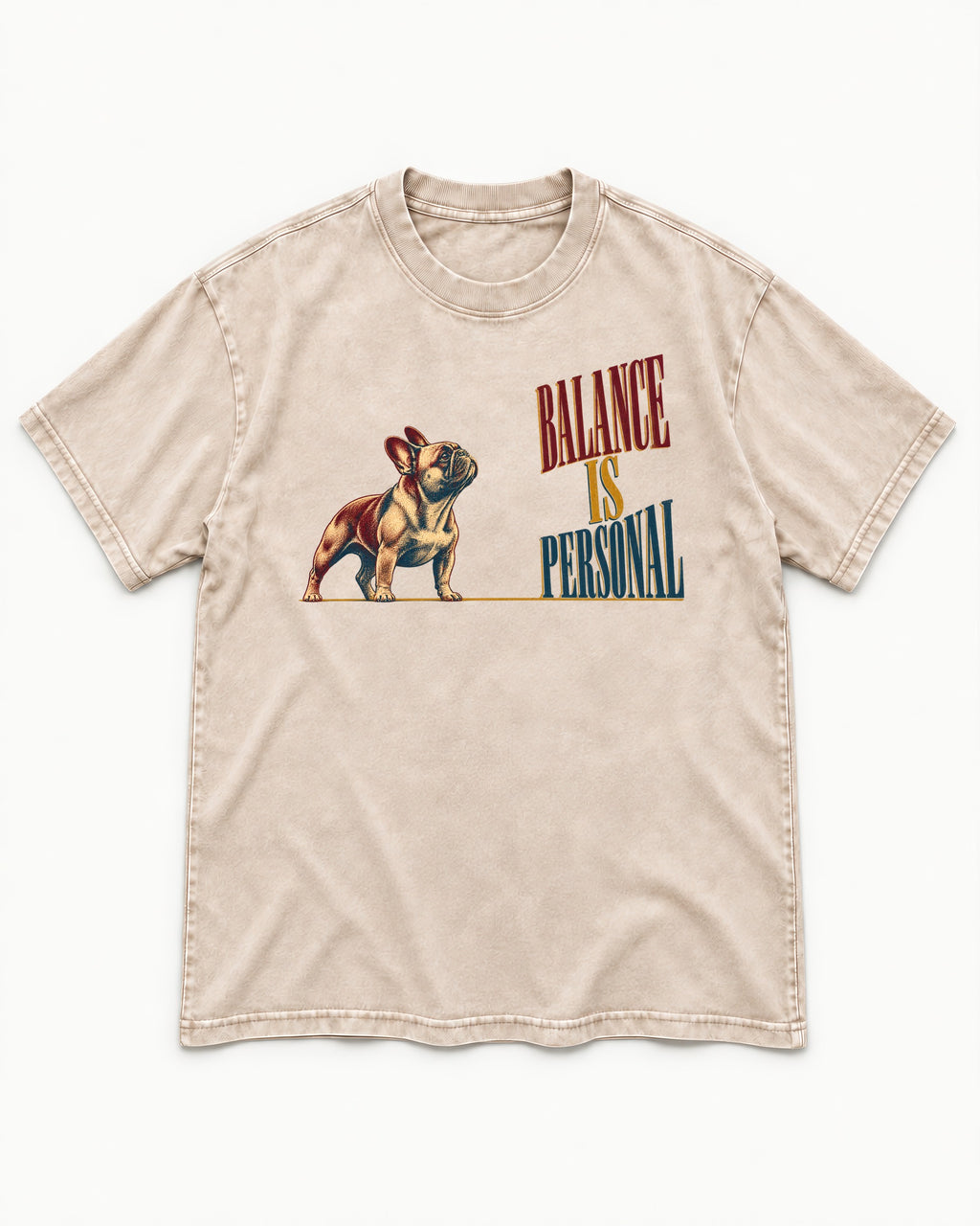 Frenchie Balance Is Personal Washed Tee in Apricot, flat lay product photo