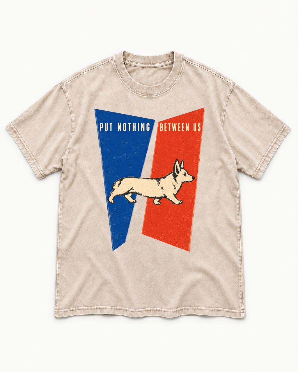 Corgi Put Nothing Between Us Split Panels Washed Tee in Apricot, flat lay product photo