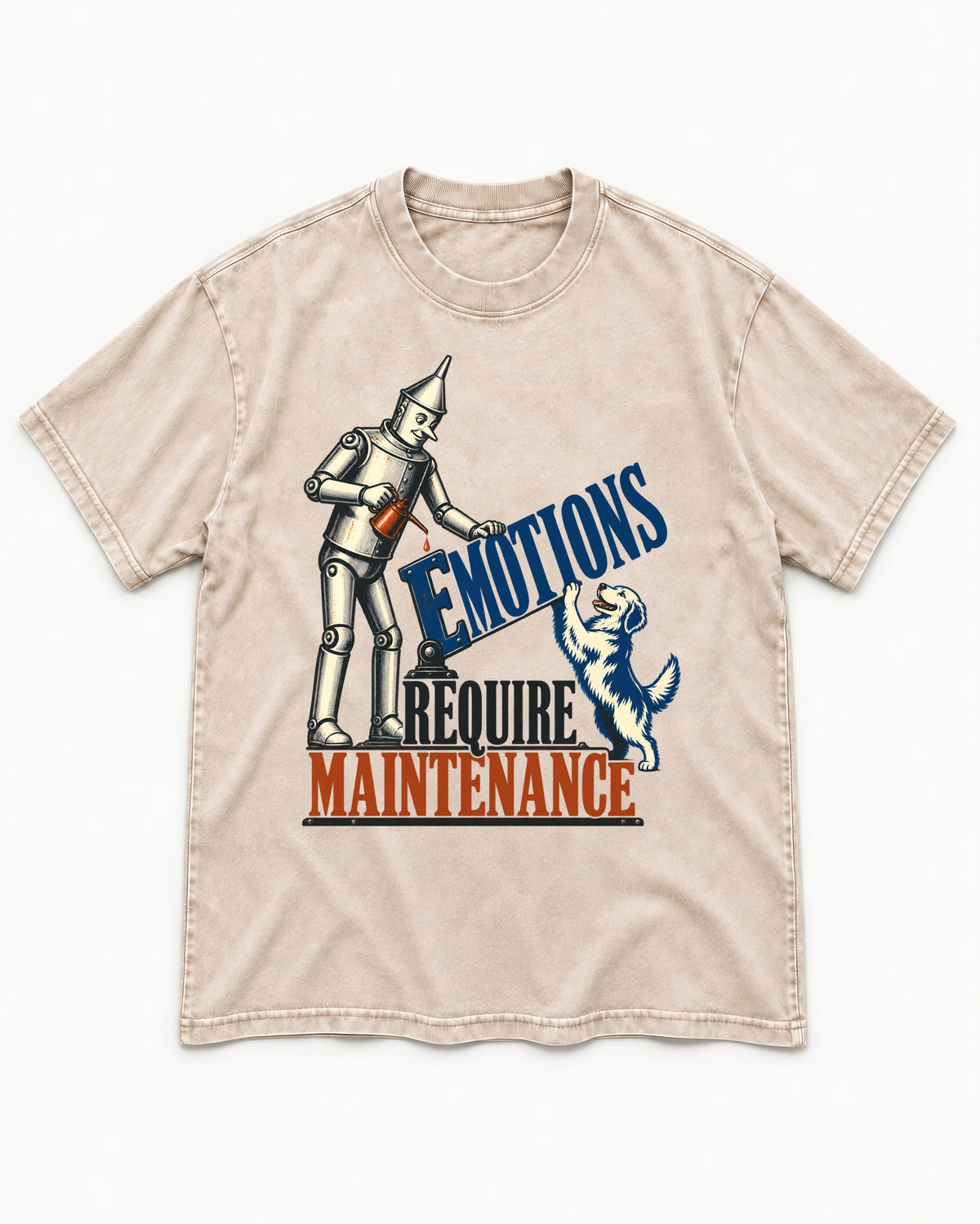 Golden Retriever Emotions Require Maintenance Washed Tee in Apricot, flat lay product photo