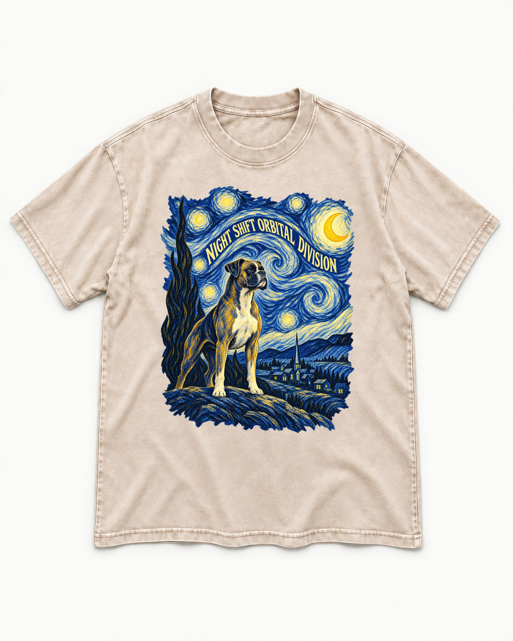 Night Shift Orbital Division Boxer Night Sky Graphic Washed Tee in Apricot, flat lay product photo