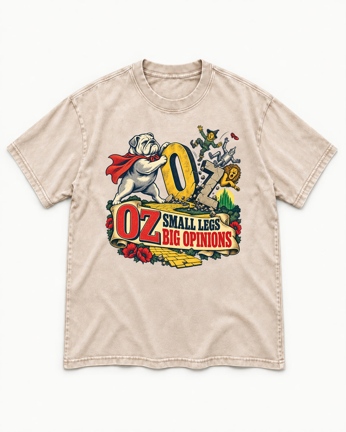 English Bulldog Small Legs Big Opinions Washed Tee in Apricot, flat lay product photo