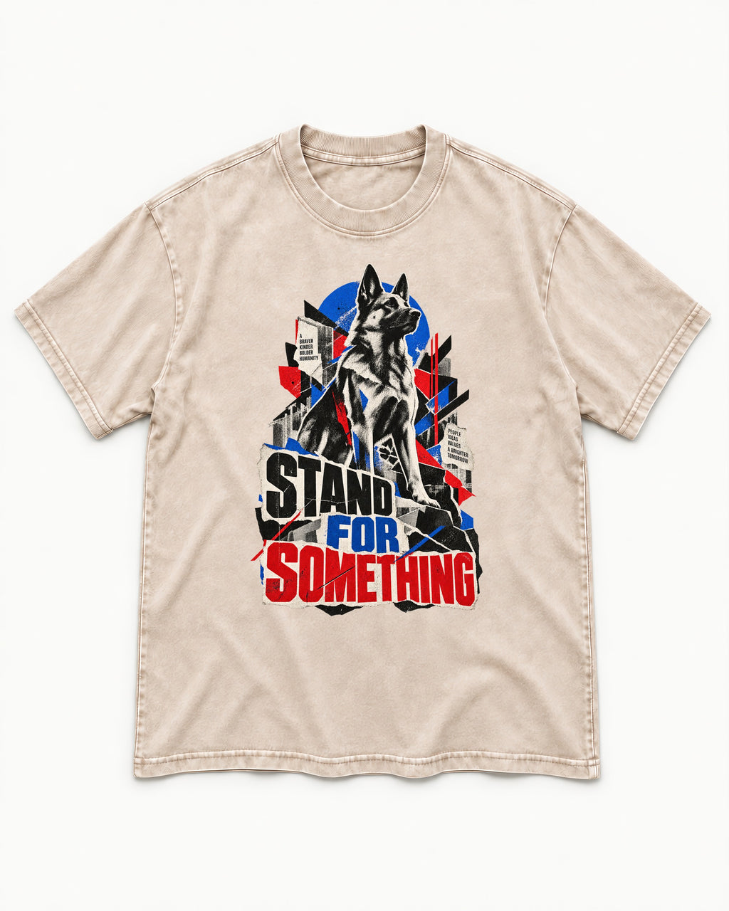 Stand For Something Brutalist Collage German Shepherd Dog Graphic Washed Tee in Apricot, flat lay product photo