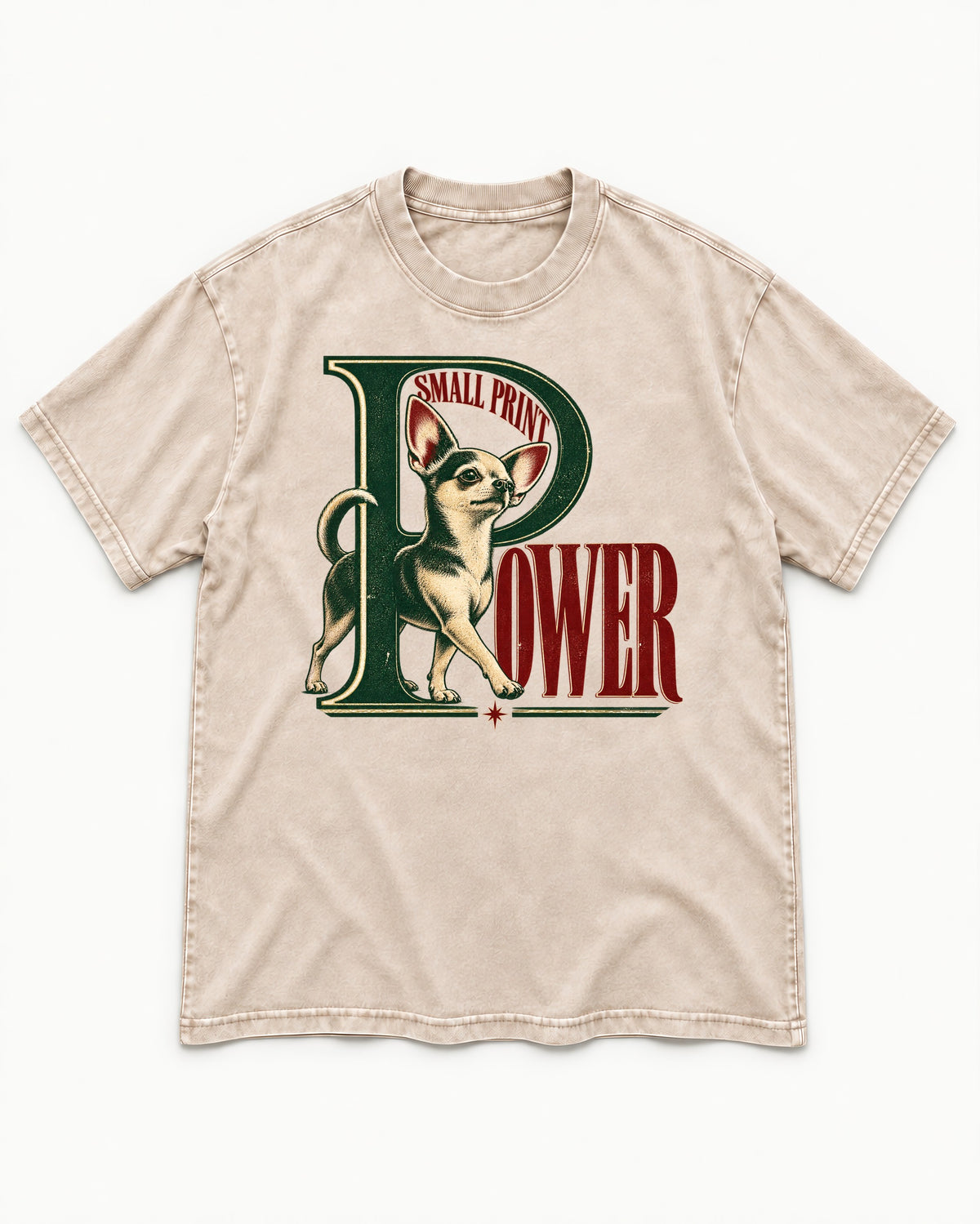 Chihuahua Small Print Power Monogram Graphic Washed Tee in Apricot, flat lay product photo