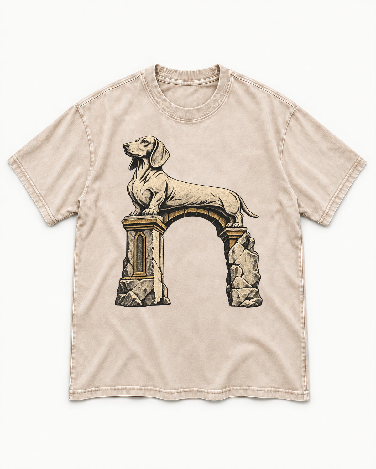 Dachshund Ruined Stone Arch Monument Graphic Washed Tee in Apricot, flat lay product photo