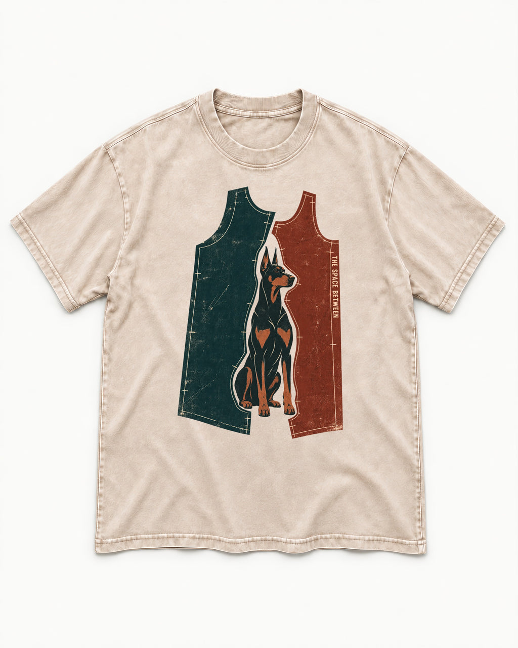 Doberman The Space Between Pattern Pieces Graphic Washed Tee in Apricot, flat lay product photo