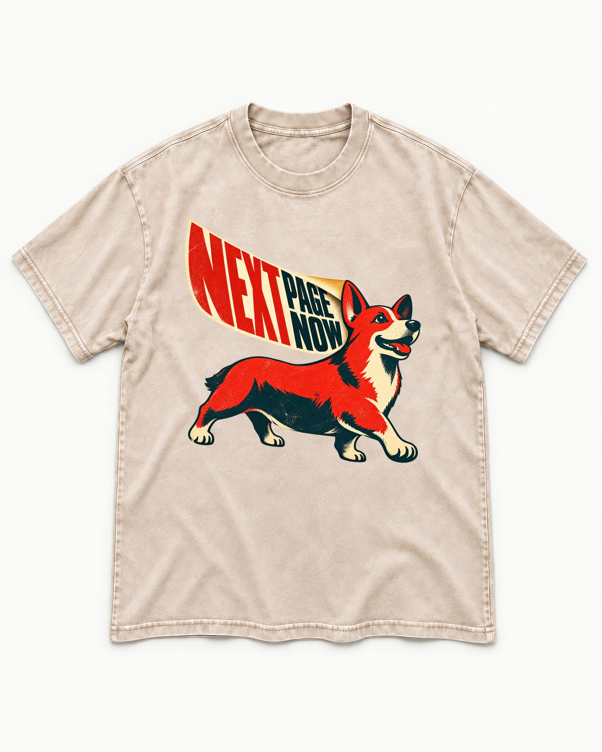 Corgi Next Page Now Pennant Graphic Washed Tee in Apricot, flat lay product photo