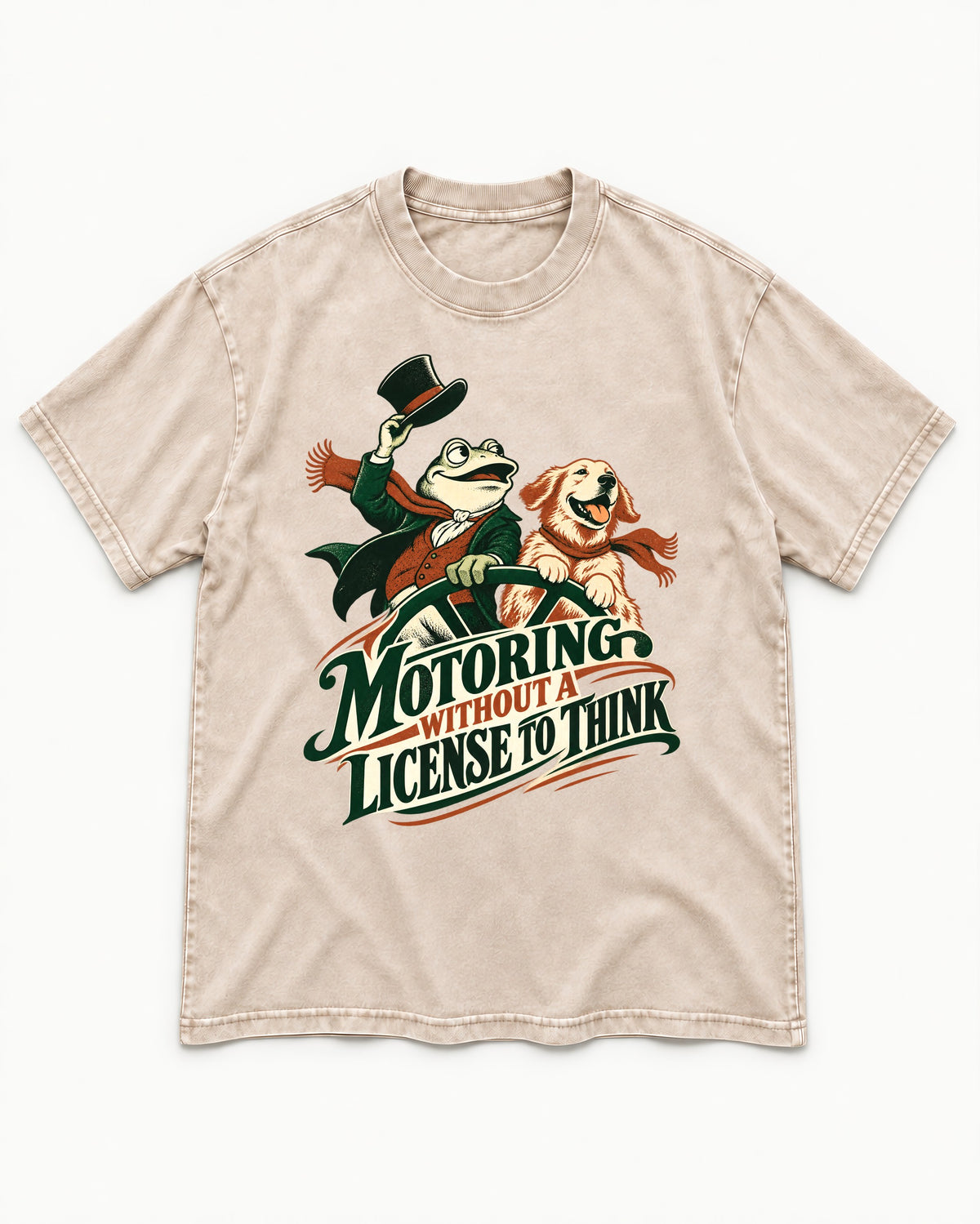 Golden Retriever Motoring Without a License to Think Driving Graphic Washed Tee in Apricot, flat lay product photo