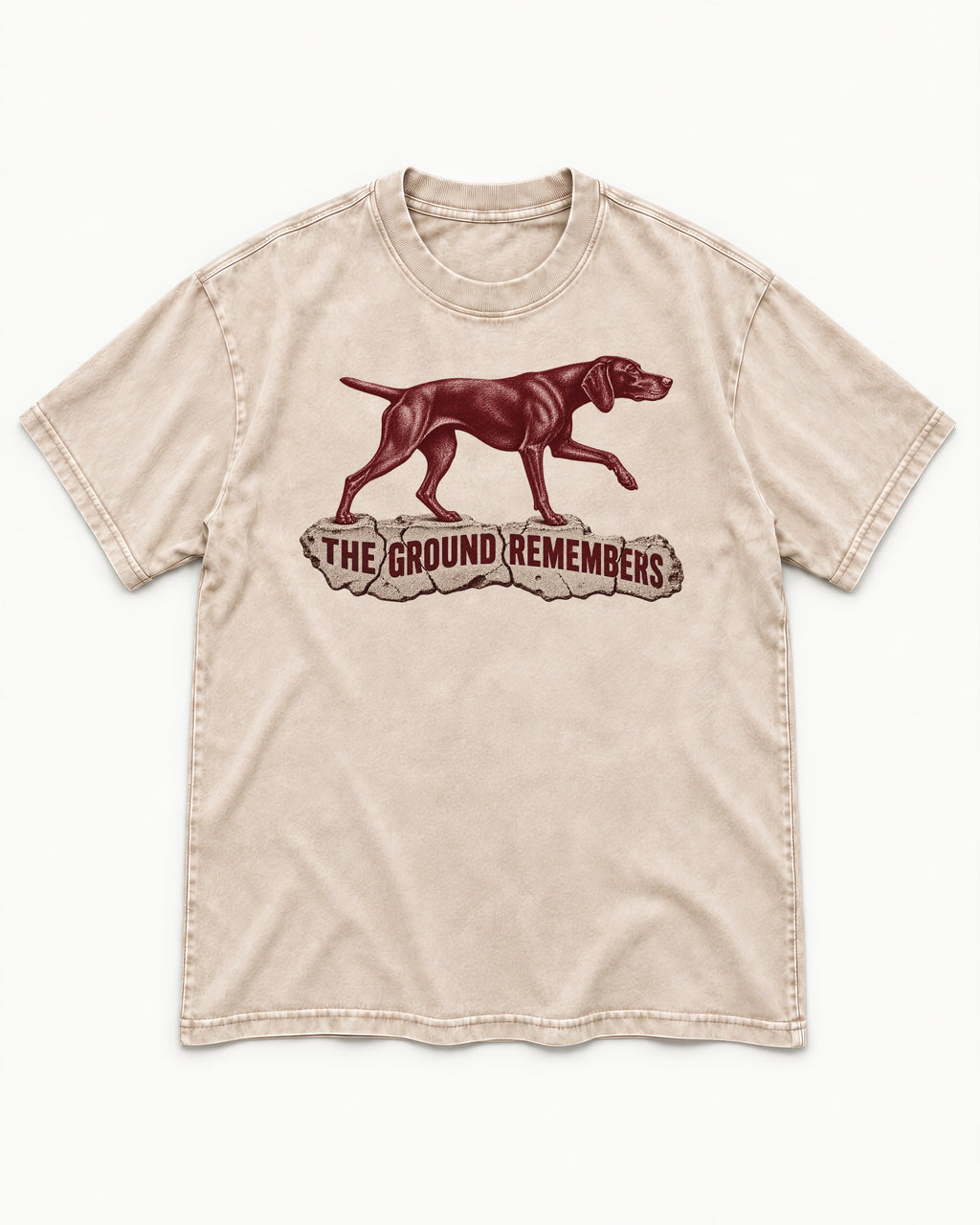 The Ground Remembers German Shorthaired Pointer Washed Tee in Apricot, flat lay product photo