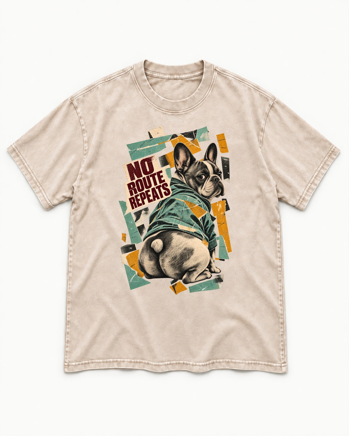 No Route Repeats Frenchie Washed Tee in Apricot, flat lay product photo
