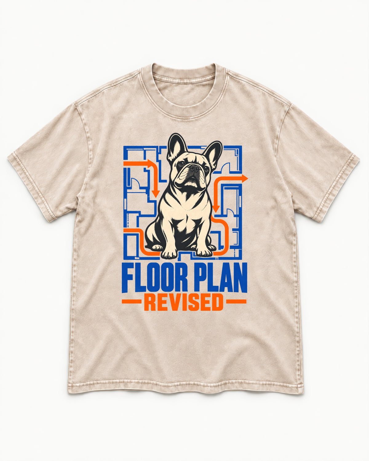 Frenchie Floor Plan Revised Washed Tee in Apricot, flat lay product photo