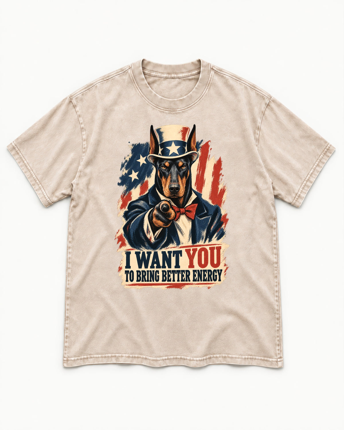 Doberman I Want You to Bring Better Energy Uncle Sam Graphic Washed Tee in Apricot, flat lay product photo