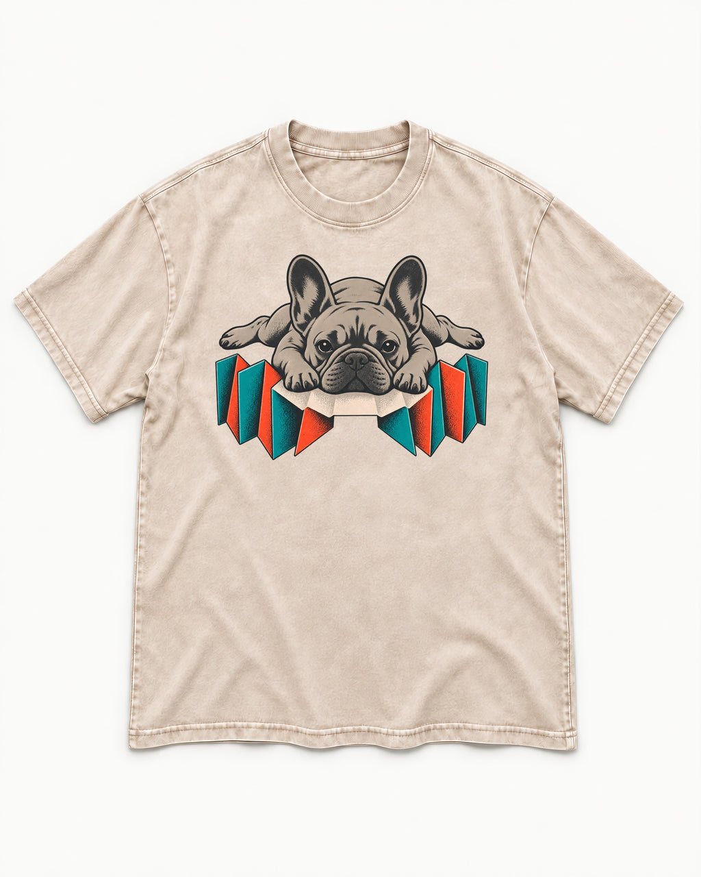 Frenchie Sploot Press Graphic Washed Tee in Apricot, flat lay product photo