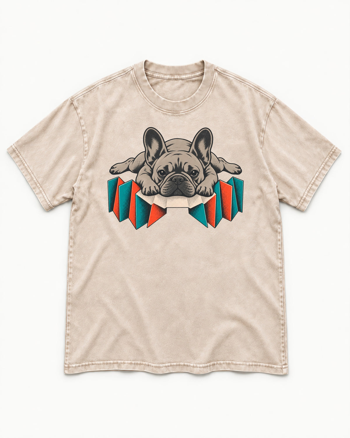 Frenchie Sploot Press Graphic Washed Tee in Apricot, flat lay product photo