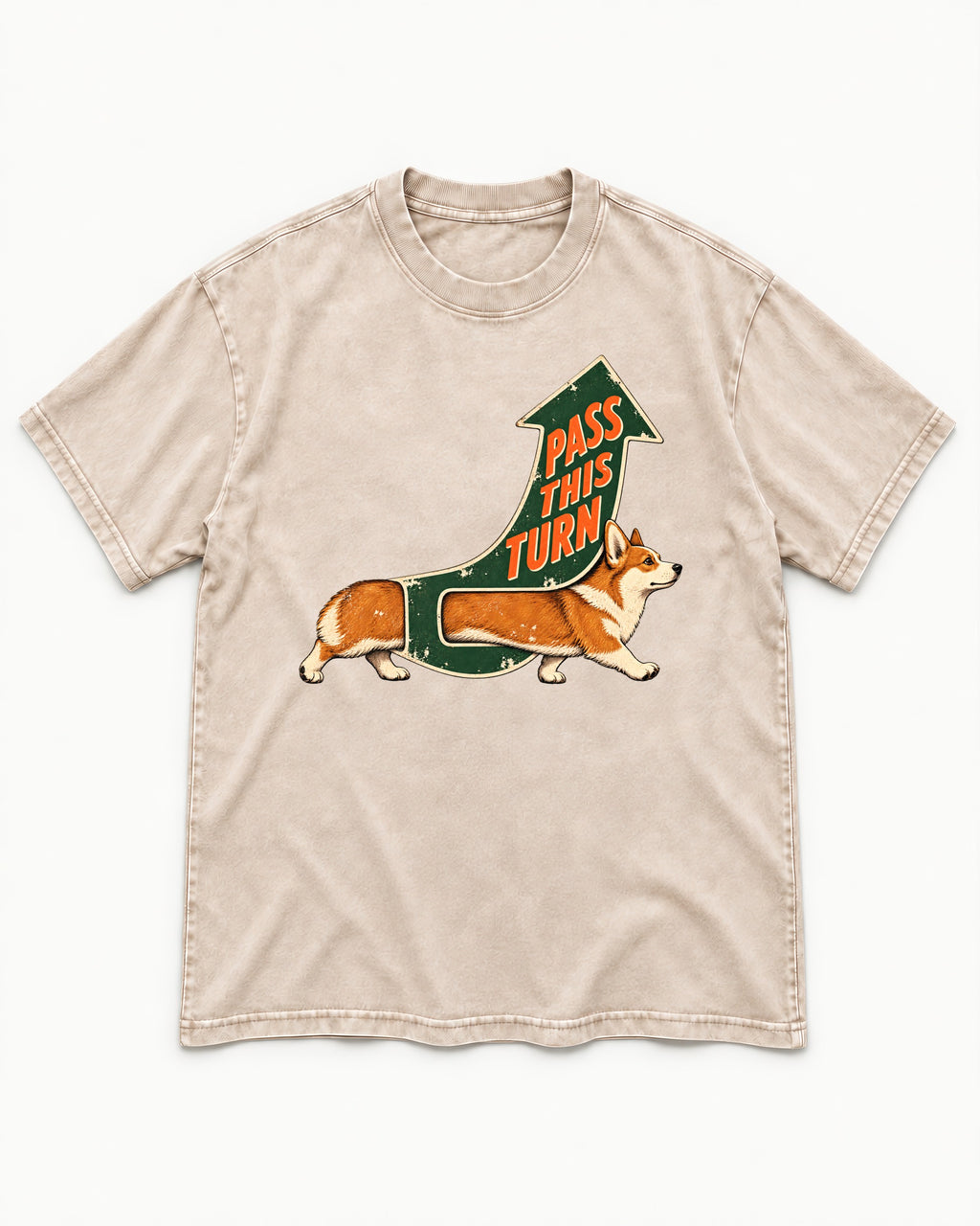 Corgi Pass This Turn Washed Tee in Apricot, flat lay product photo