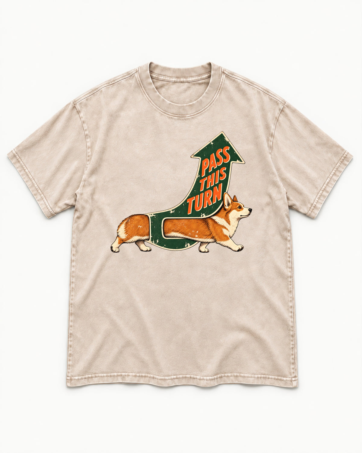 Corgi Pass This Turn Washed Tee in Apricot, flat lay product photo