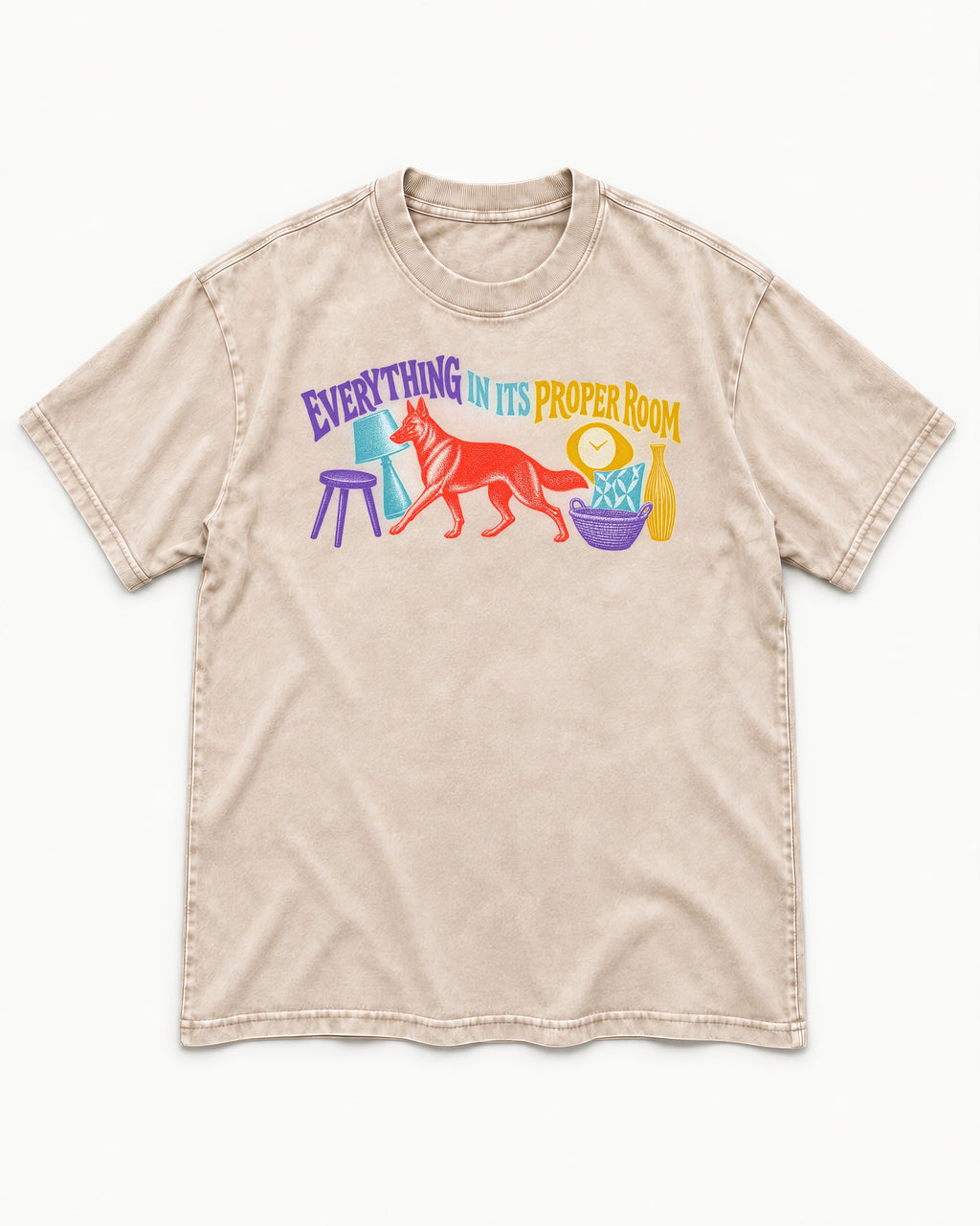 German Shepherd Dog In Its Proper Room Washed Tee in Apricot, flat lay product photo