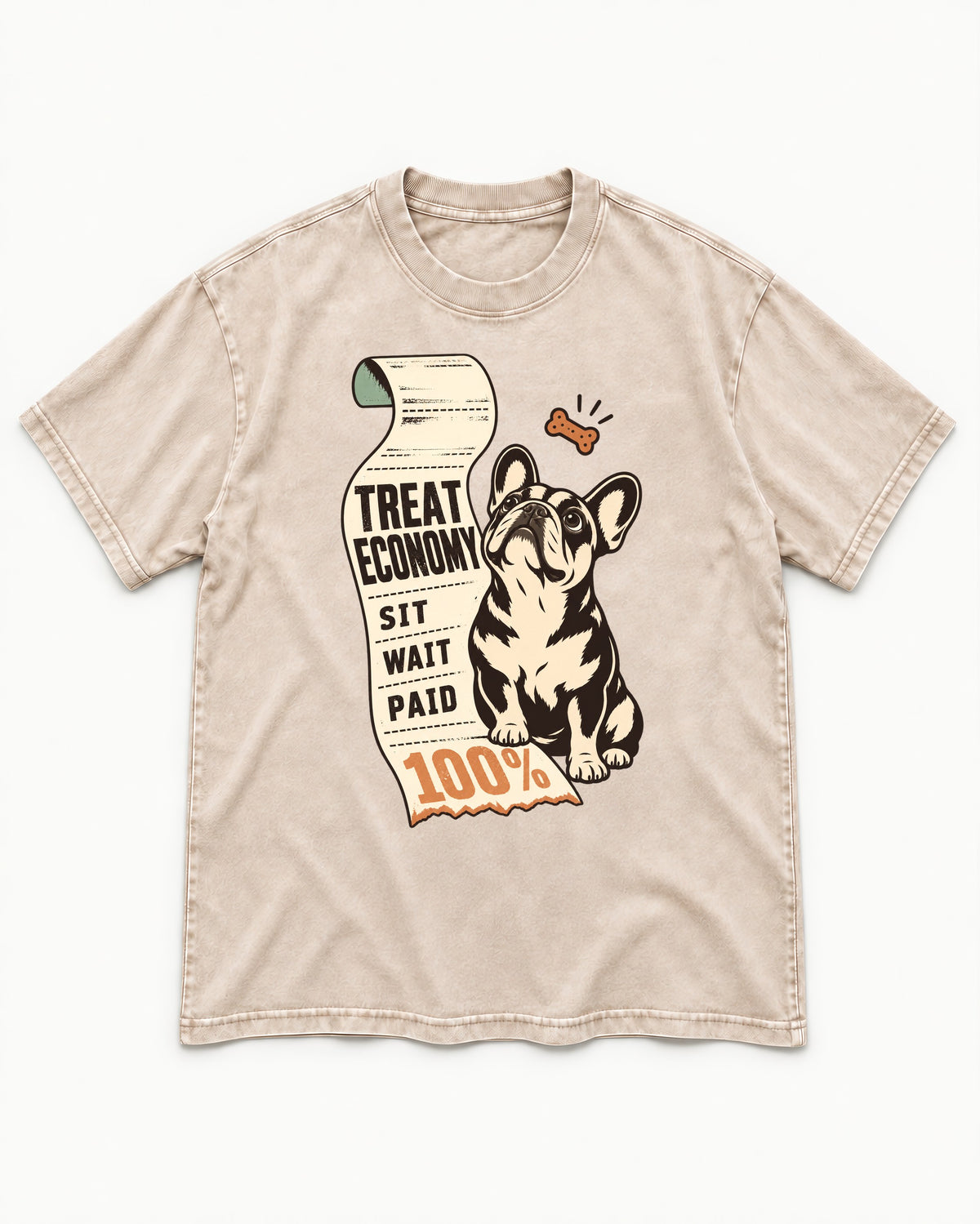 Sit Wait Paid Frenchie Washed Tee in Apricot, flat lay product photo