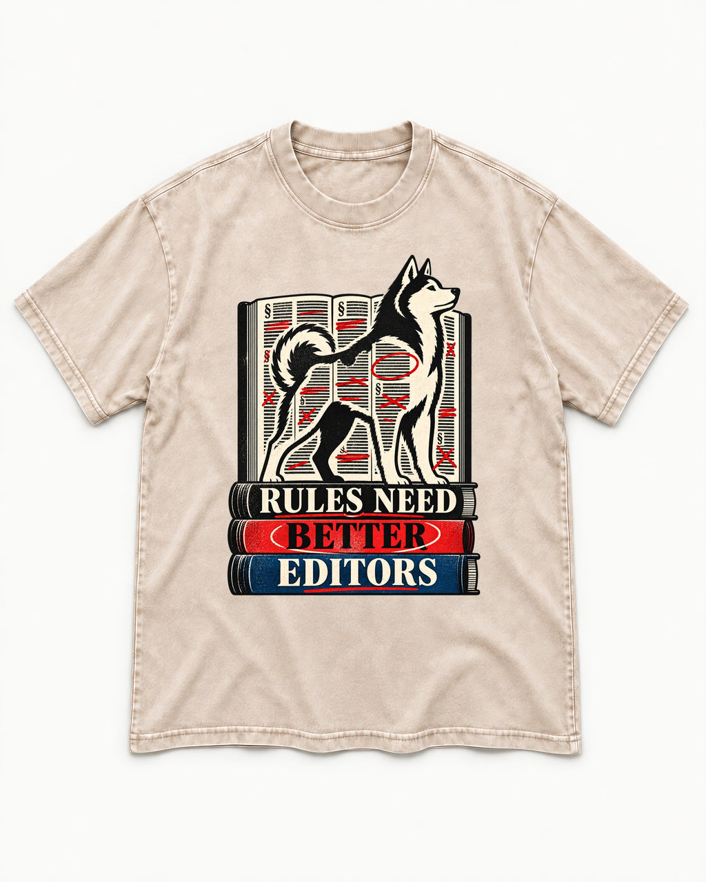 Husky Rules Need Better Editors Book Stack Graphic Washed Tee in Apricot, flat lay product photo