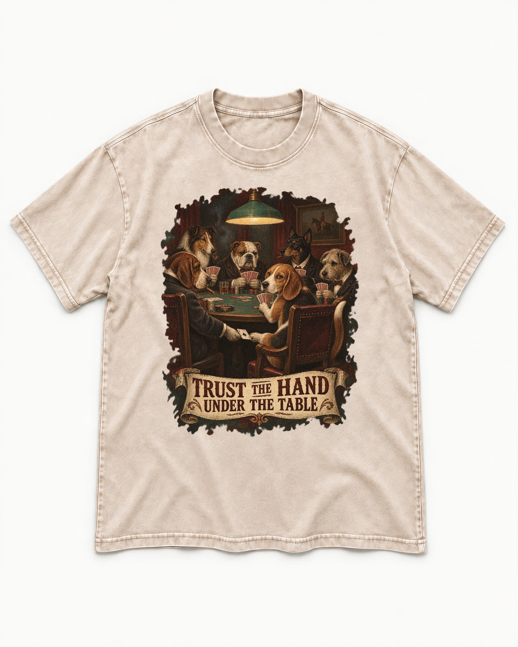 Trust The Hand Under The Table Beagle Poker Night Washed Tee in Apricot, flat lay product photo