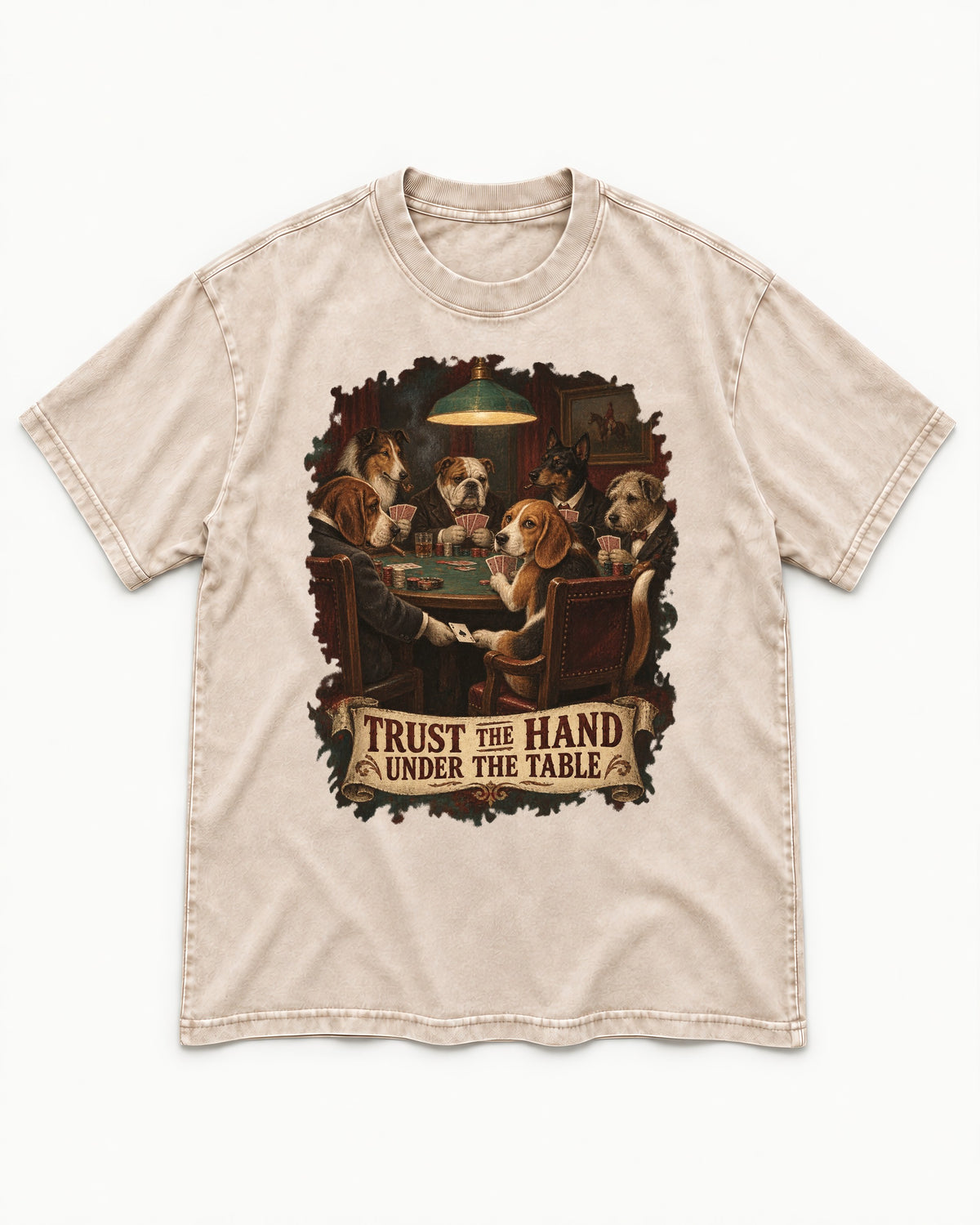 Trust The Hand Under The Table Beagle Poker Night Washed Tee in Apricot, flat lay product photo