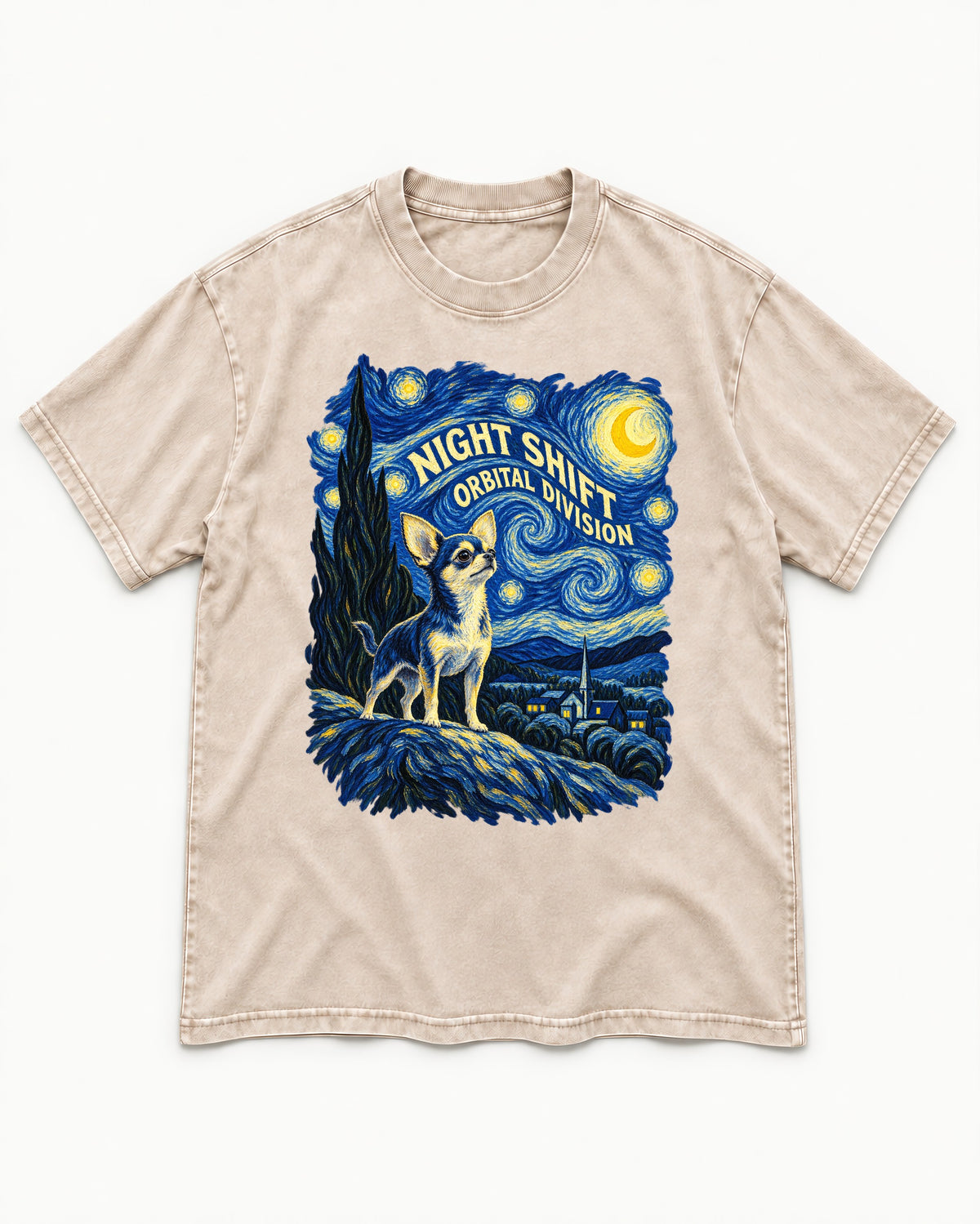Chihuahua Night Shift Orbital Division Starry Night Graphic Washed Tee in Apricot, flat lay product photo