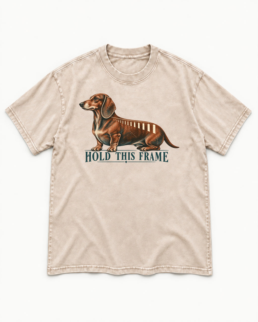 Dachshund Hold This Frame Washed Tee in Apricot, flat lay product photo