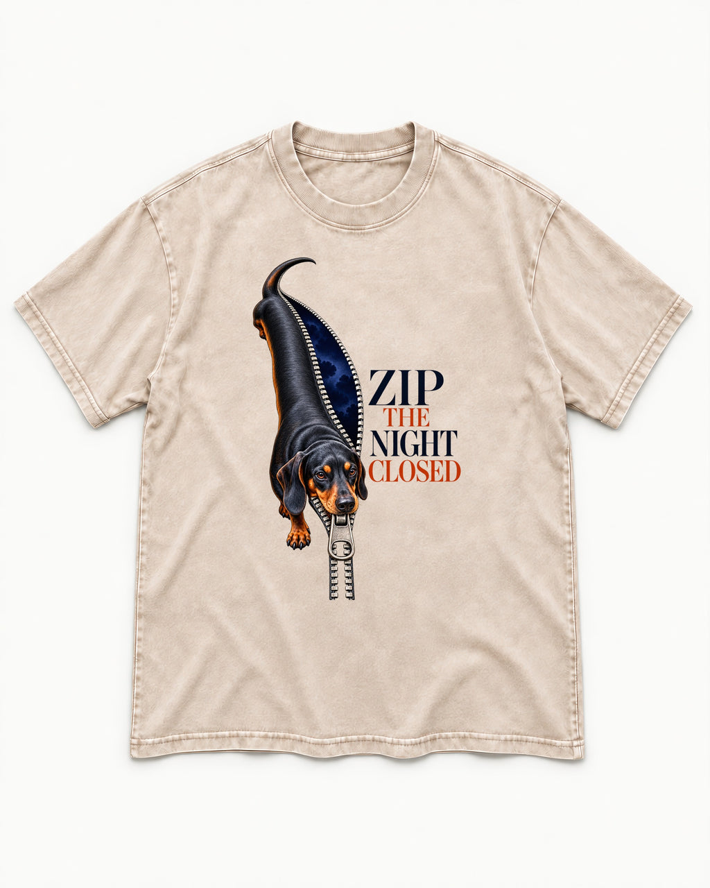 Zip the Night Closed Dachshund Washed Tee in Apricot, flat lay product photo