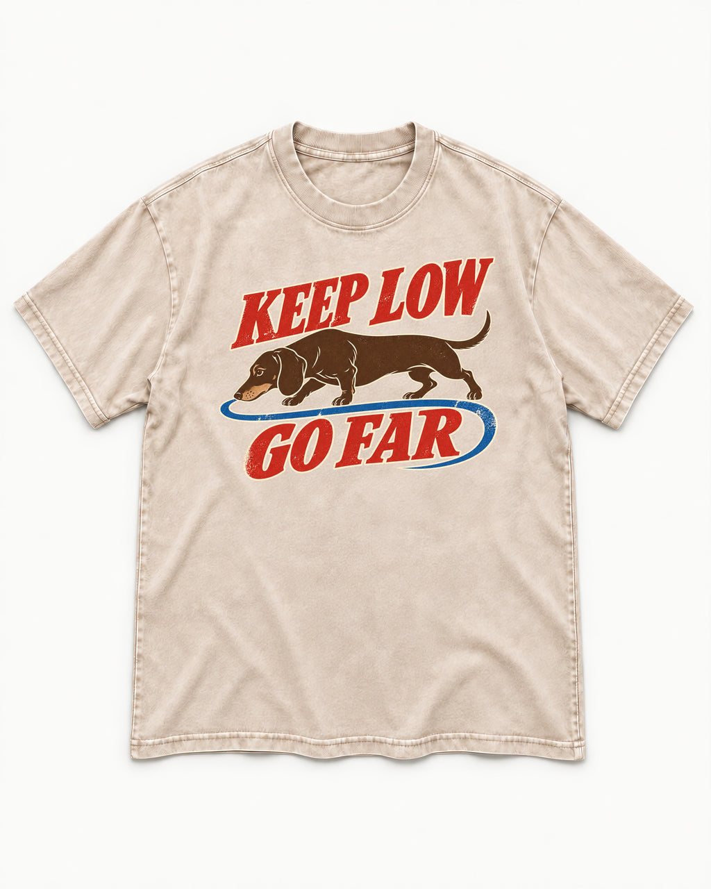 Dachshund Keep Low Go Far Washed Tee in Apricot, flat lay product photo