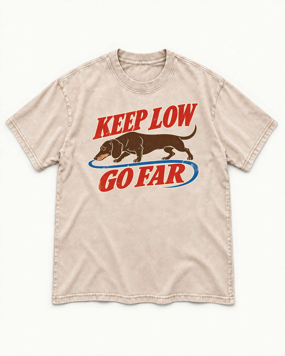 Dachshund Keep Low Go Far Washed Tee in Apricot, flat lay product photo