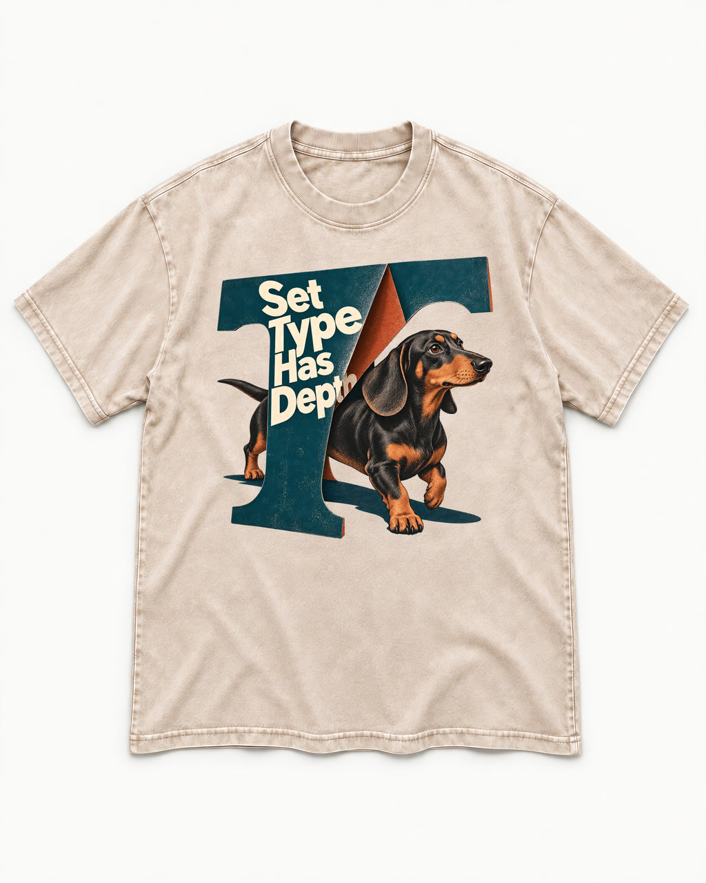 Dachshund Set Type Has Depth Folded Letter Graphic Washed Tee in Apricot, flat lay product photo