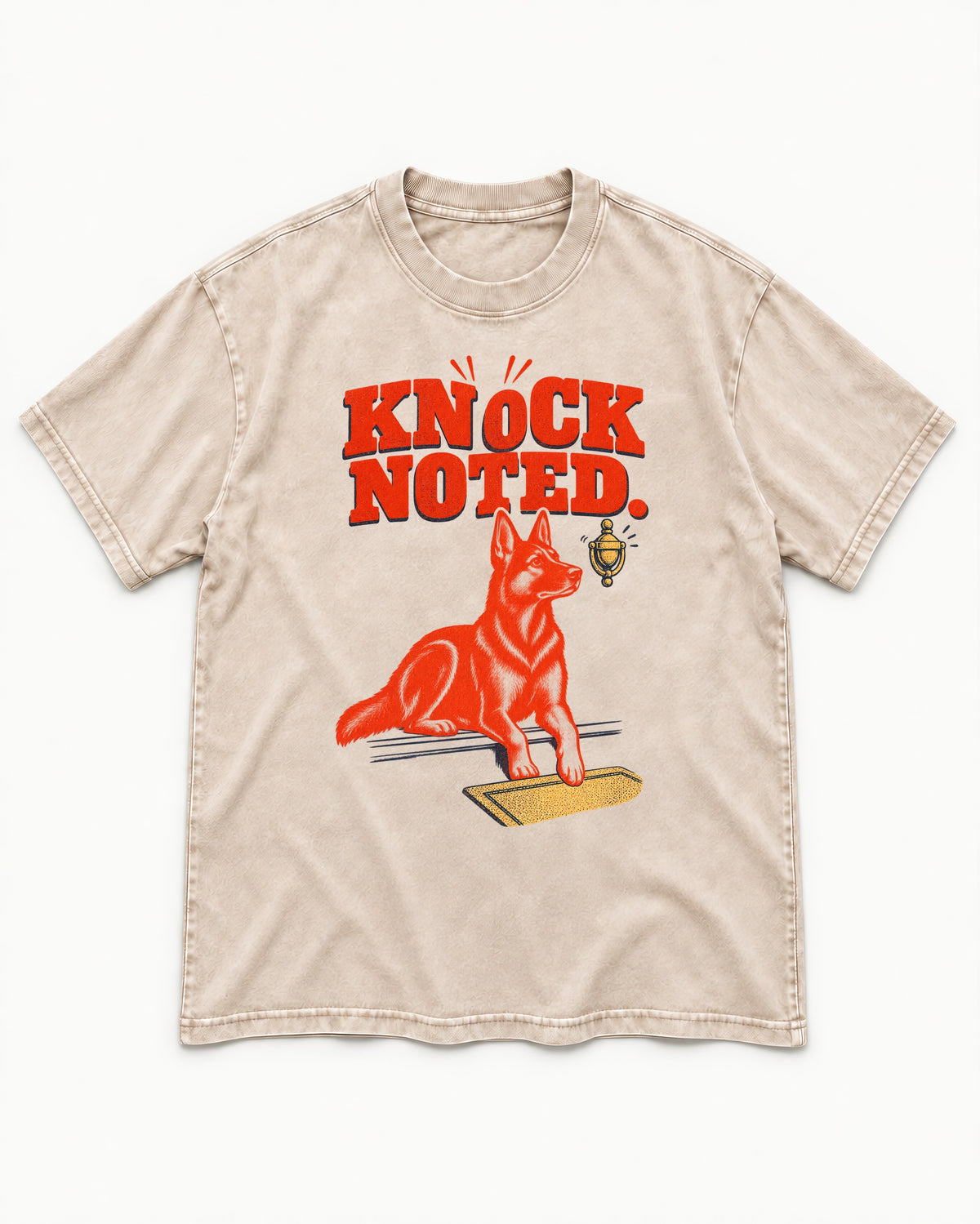Knock Noted Door Knocker German Shepherd Dog Graphic Washed Tee in Apricot, flat lay product photo