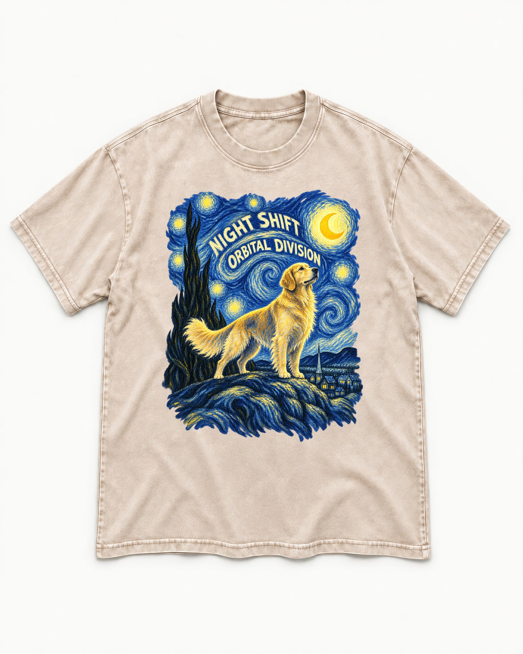 Night Shift Orbital Division Starry Night Golden Retriever Graphic Washed Tee in Apricot, flat lay product photo