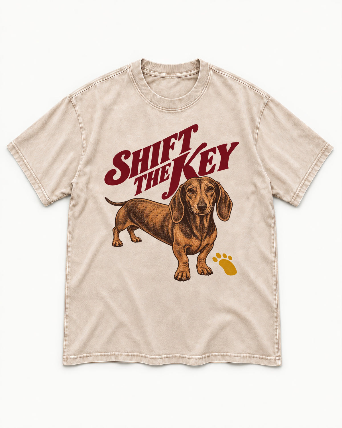 Dachshund Shift The Key Pawprint Graphic Washed Tee in Apricot, flat lay product photo