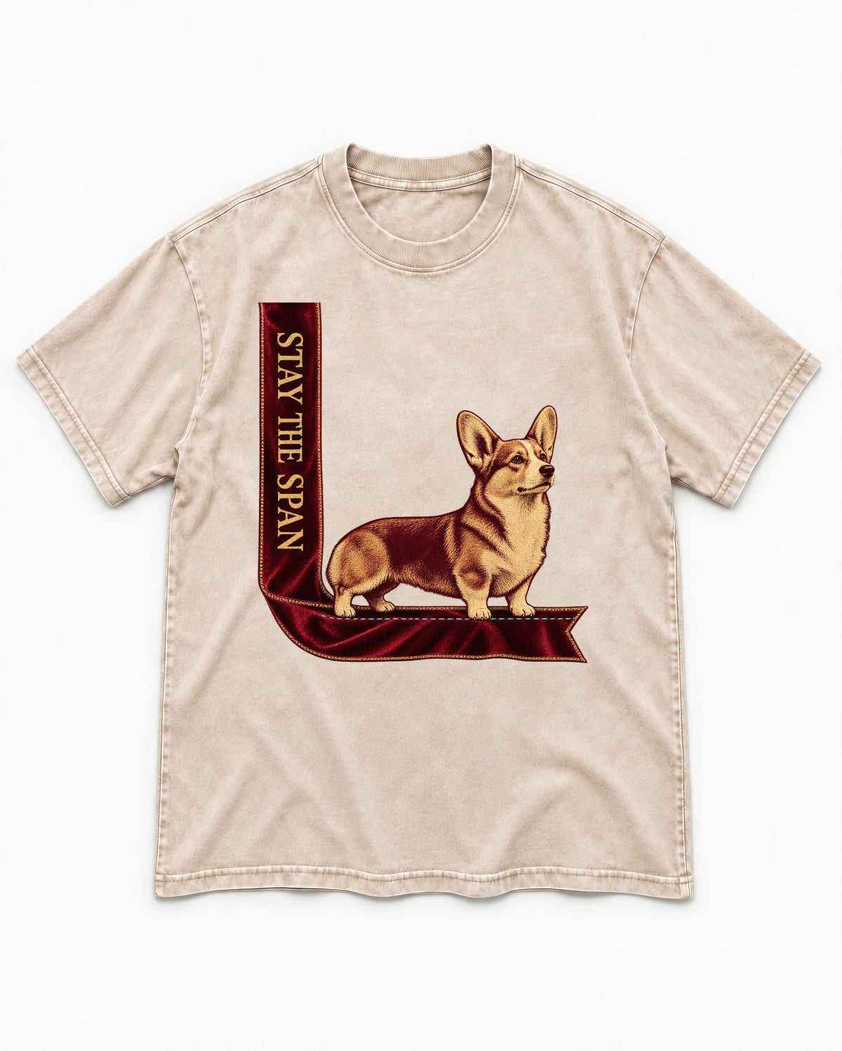Corgi Stay the Span Ribbon Washed Tee in Apricot, flat lay product photo