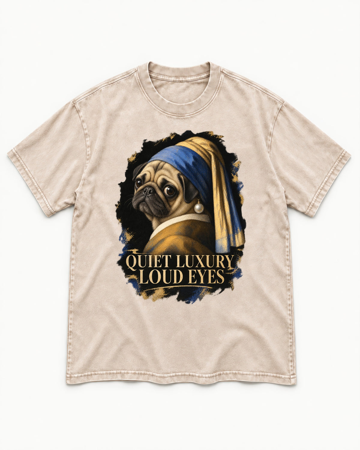 Pug Quiet Luxury Loud Eyes Pearl Portrait Graphic Washed Tee in Apricot, flat lay product photo
