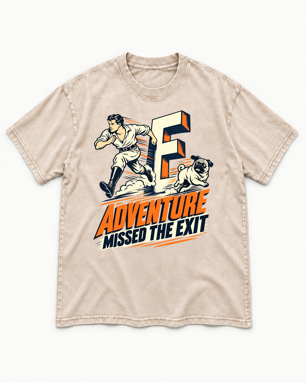 Pug Adventure Missed the Exit Running Graphic Washed Tee in Apricot, flat lay product photo