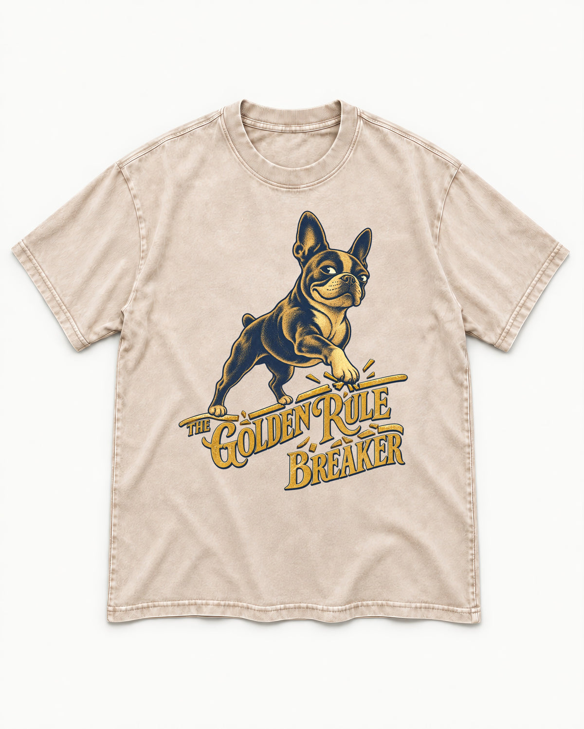 Boston Terrier Golden Rule Breaker Washed Tee in Apricot, flat lay product photo