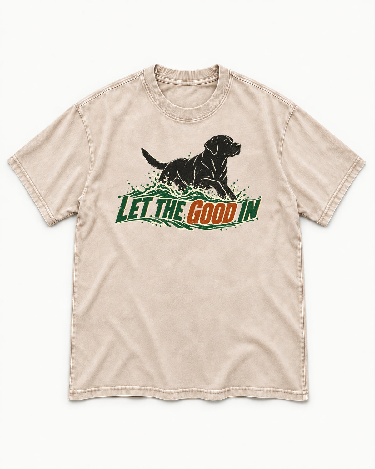 Labrador Retriever Let the Good In Washed Tee in Apricot, flat lay product photo