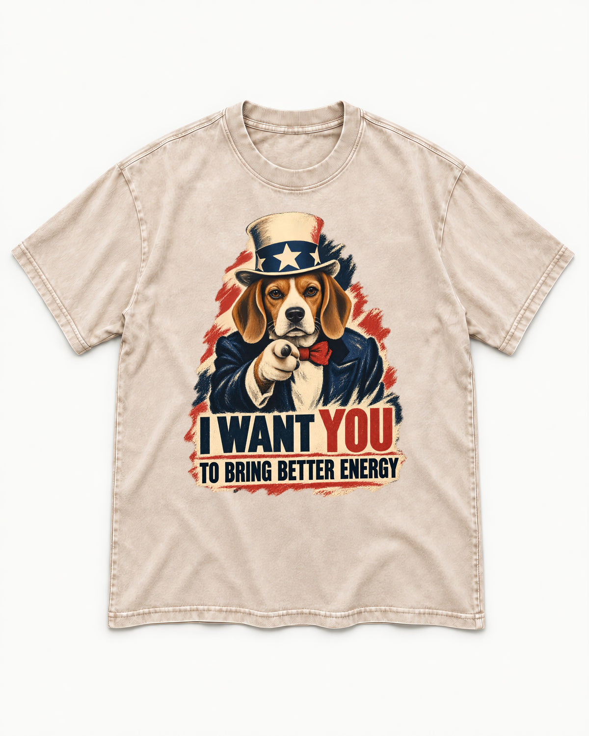 Bring Better Energy Beagle Uncle Sam Washed Tee in Apricot, flat lay product photo