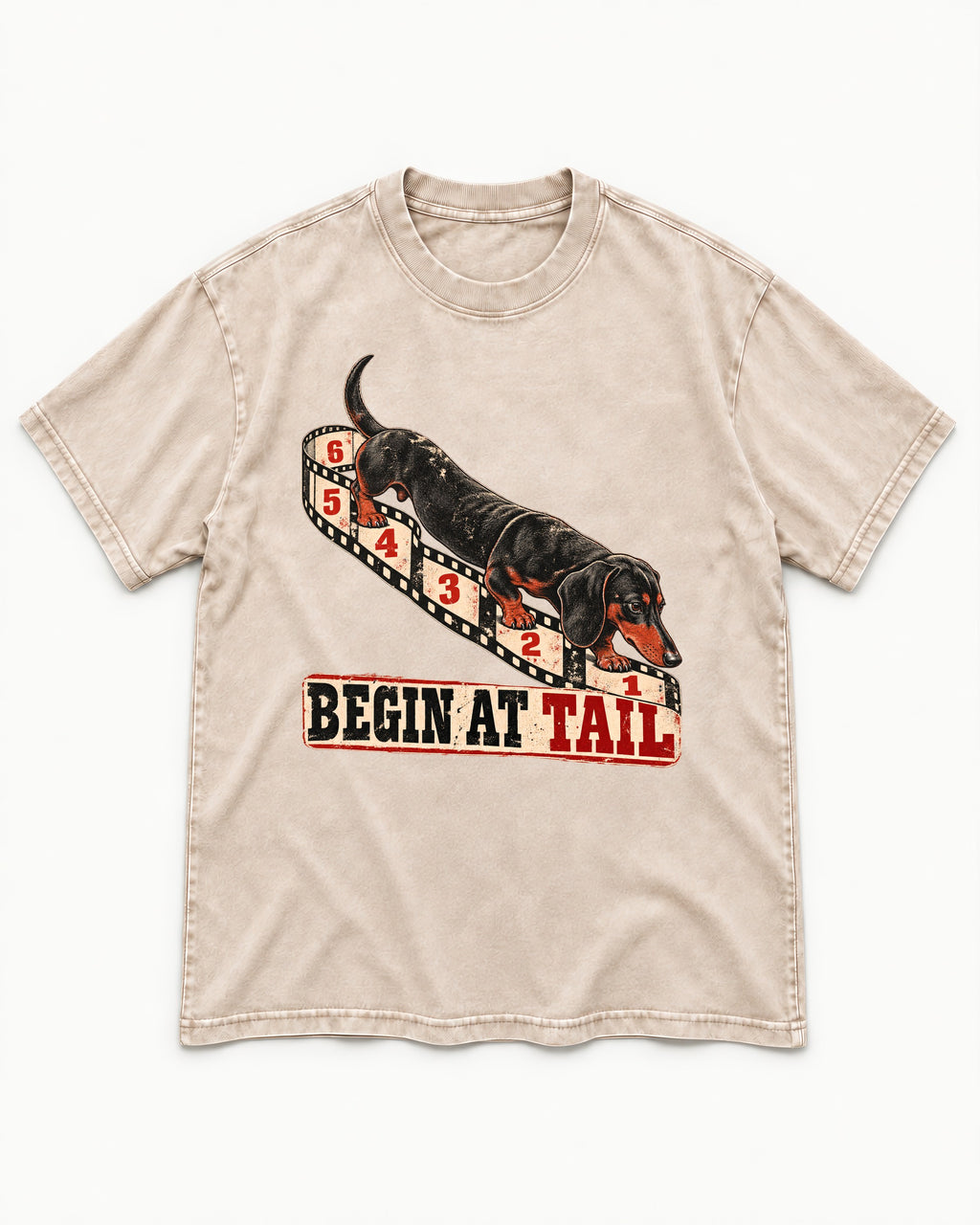 Begin at Tail Dachshund Washed Tee in Apricot, flat lay product photo