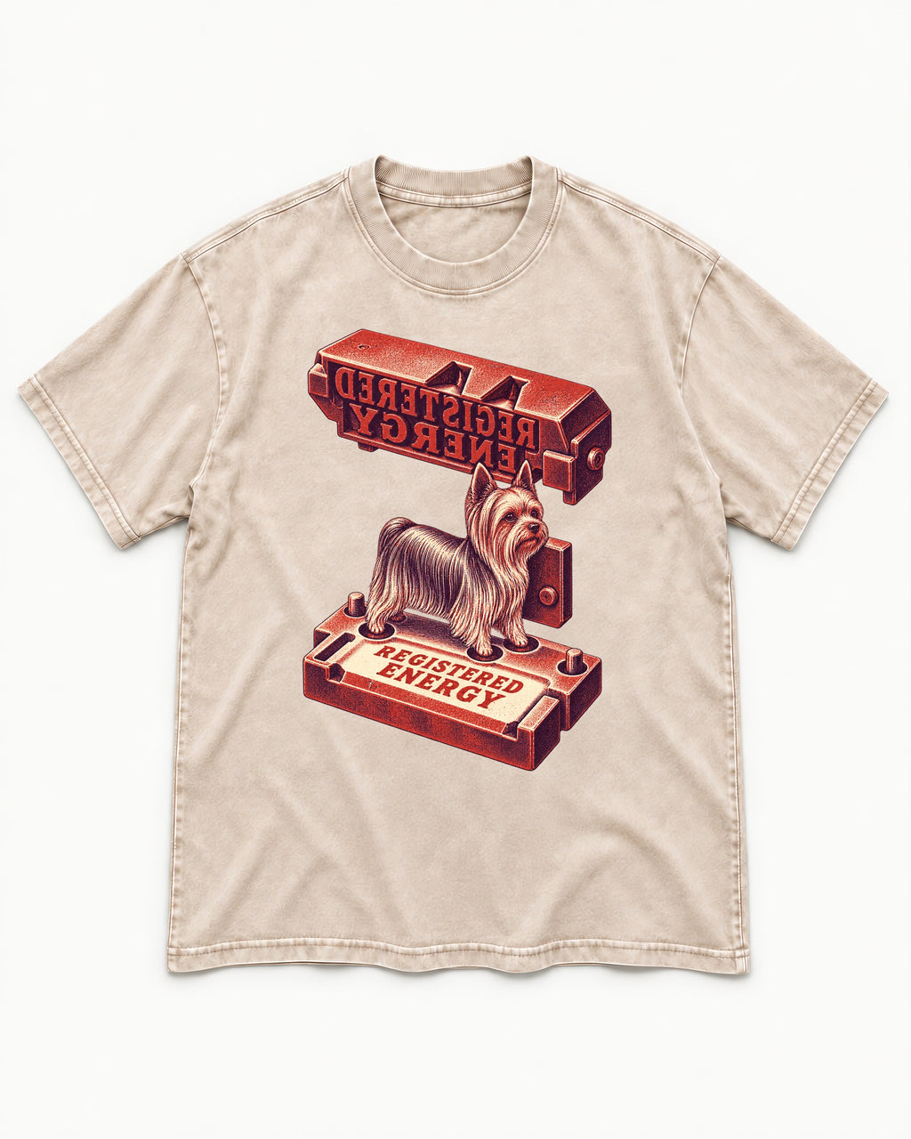 Yorkshire Terrier Registered Energy Stamp Press Graphic Washed Tee in Apricot, flat lay product photo