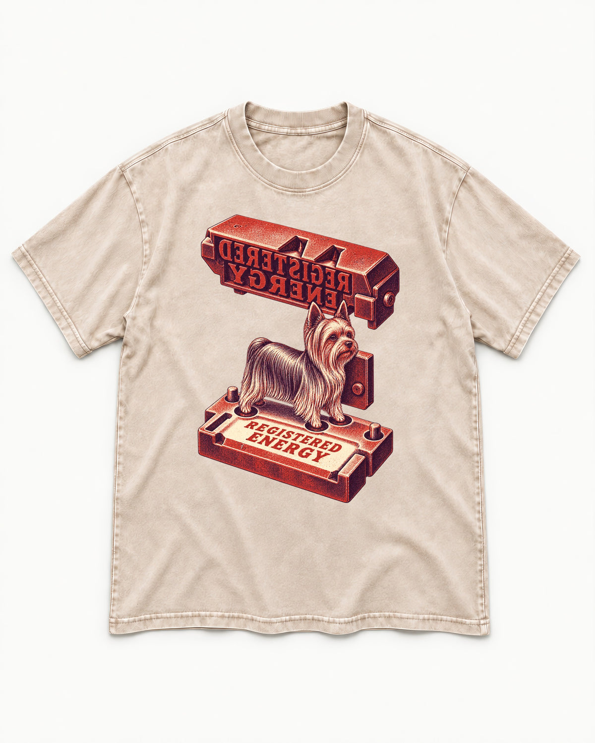 Yorkshire Terrier Registered Energy Stamp Press Graphic Washed Tee in Apricot, flat lay product photo