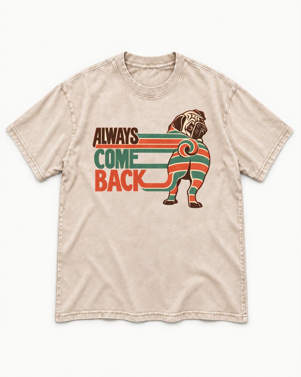 Pug Always Come Back Striped Body Graphic Washed Tee in Apricot, flat lay product photo