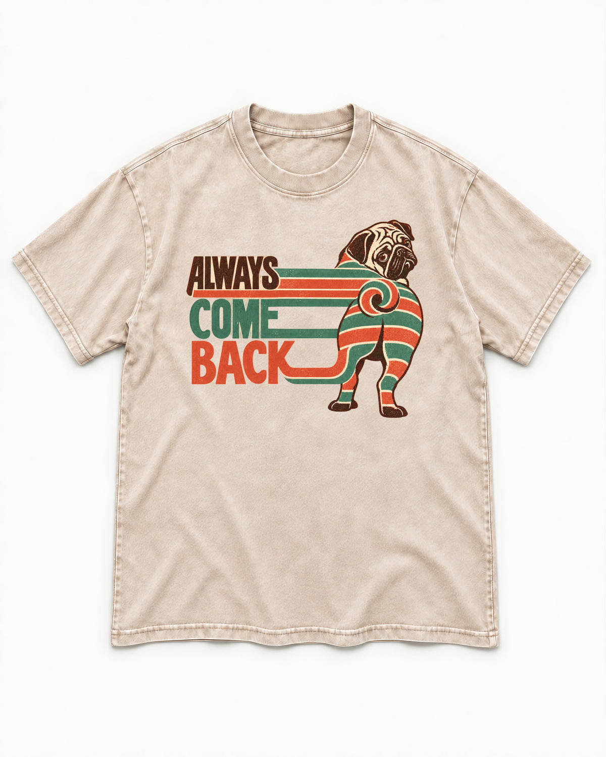 Pug Always Come Back Striped Body Graphic Washed Tee in Apricot, flat lay product photo