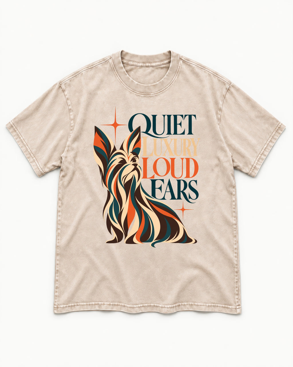 Quiet Luxury Loud Ears Yorkshire Terrier Washed Tee in Apricot, flat lay product photo