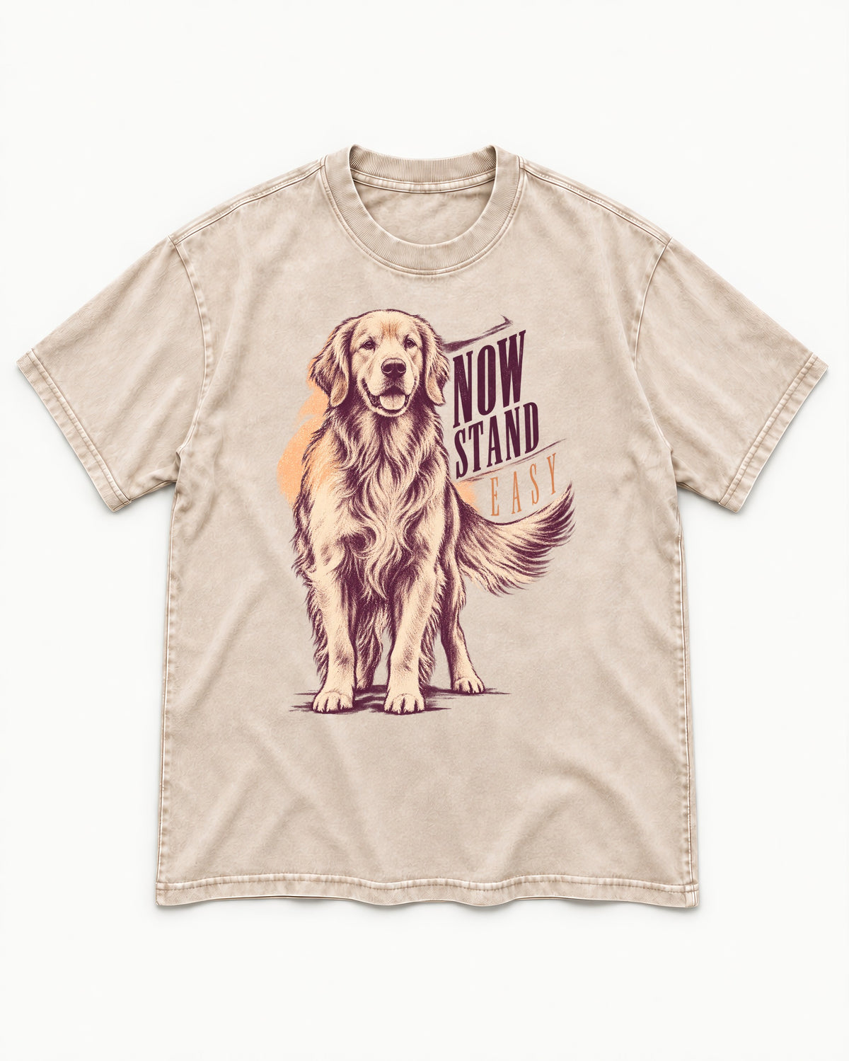 Now Stand Easy Golden Retriever Washed Tee in Apricot, flat lay product photo