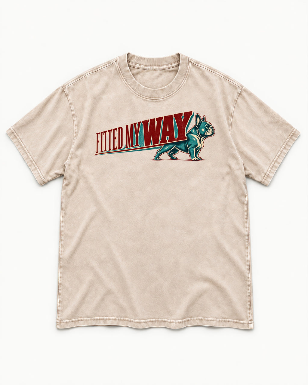 Frenchie Fitted My Way Collegiate Graphic Washed Tee in Apricot, flat lay product photo