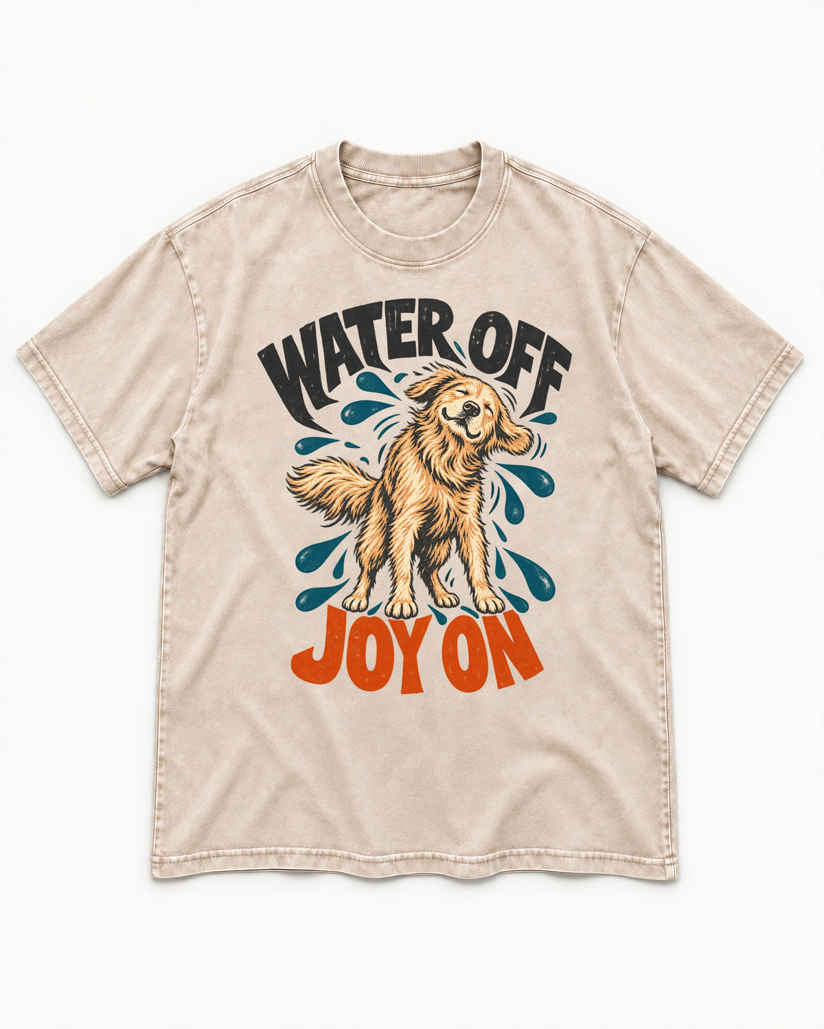 Water Off Joy on Golden Retriever Washed Tee in Apricot, flat lay product photo